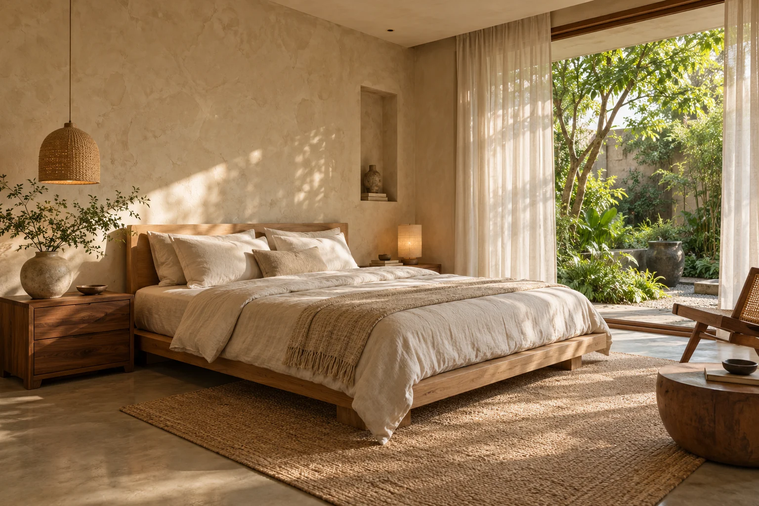 Phòng ngủ gỗ với vải linen và ánh sáng ấm