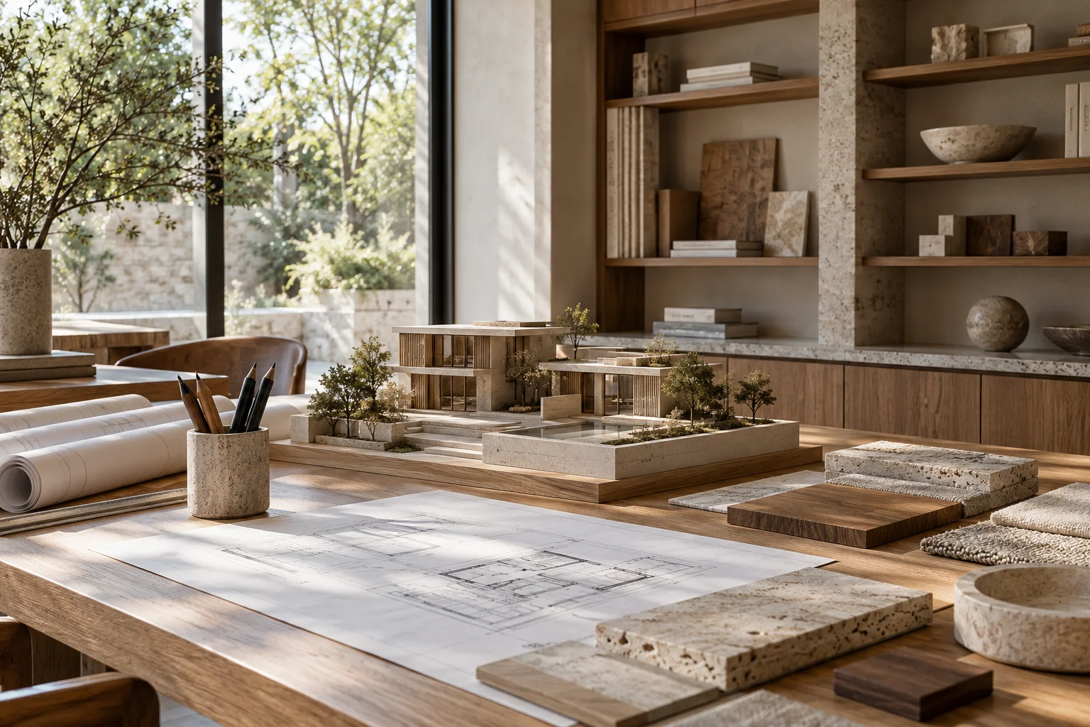 Mô hình kiến trúc và bảng vật liệu trong studio minh họa